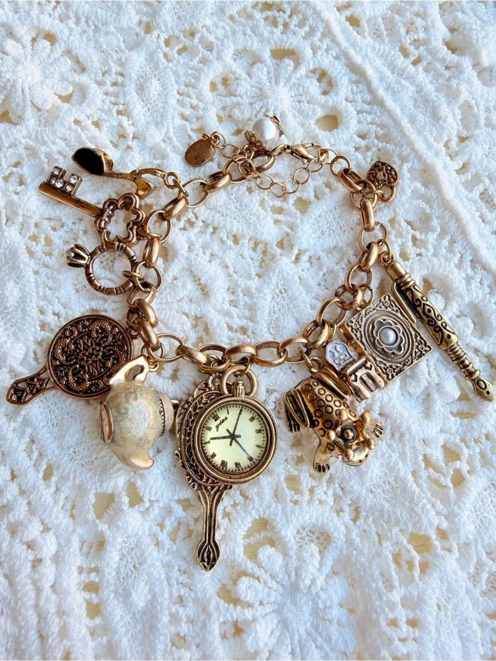 Gold Charm Bracelet with Watch and Tea Set Charms